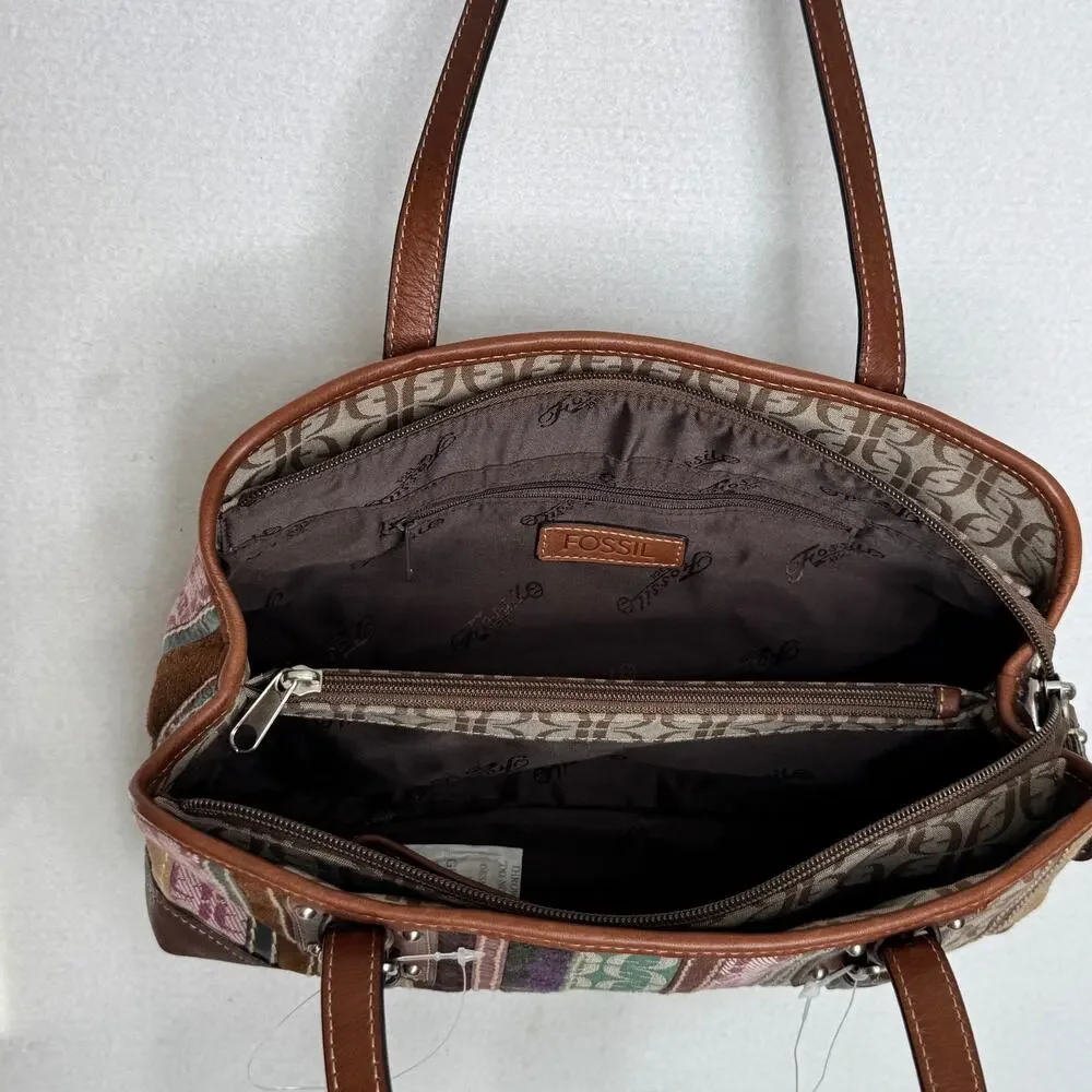 Fossil Signature Patchwork Double Handle Satchel Bag NWT Y2K Multicolor
